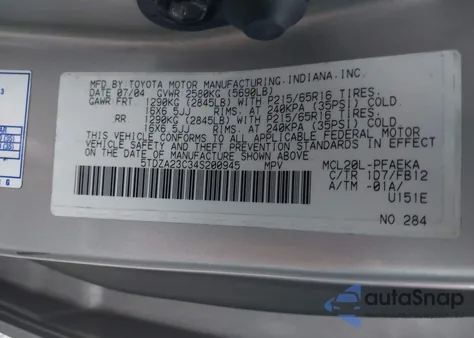 2004 Toyota Sienna Le from USA, damaged, VIN 5TDZA23C34S200945